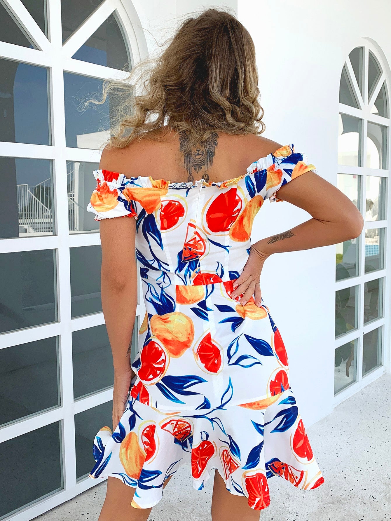 Printed Lace-Up Off-Shoulder Ruffle Hem Dress